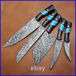 Handmade Damascus Steel Chef Set With Black Horn and Turquoise Stone Handle
