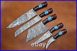 Handmade Damascus Steel Chef Set With Wood, Black Horn and Turquoise Stone Handle