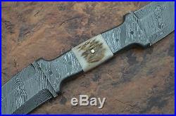 Handmade Damascus Steel Double Bladed Sporting Knife With Stag Horn Handle
