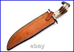 Handmade Damascus Steel Hunting Bowie Knife Stag Horn Handle With Leather Sheath