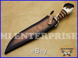 Handmade Damascus Steel Hunting Knife With Stag Antler Horn Handle
