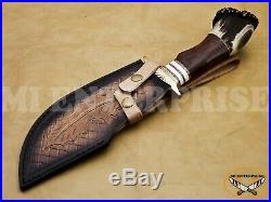 Handmade Damascus Steel Hunting Knife With Stag Antler Horn Handle