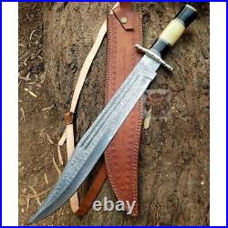 Handmade Damascus Steel Knife Sharp Bowie Bone & Horn Handle With Leather Sheath