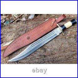 Handmade Damascus Steel Knife Sharp Bowie Bone & Horn Handle With Leather Sheath