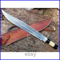 Handmade Damascus Steel Knife Sharp Bowie Bone & Horn Handle With Leather Sheath