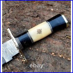 Handmade Damascus Steel Knife Sharp Bowie Bone & Horn Handle With Leather Sheath