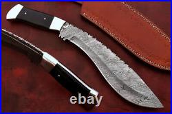 Handmade Damascus Steel Kukri Knife with Bull Horn Handle