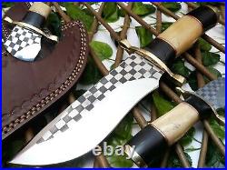 Handmade Etching Blade Steel Bone/horn Hunting Knife With Brass Pommel And Guard