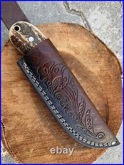 Handmade Hunting Knife Stainless Steel Deer Antler Handle with Leather Sheath