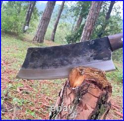 Handmade Leaf Spring Steel Full Tang Woodcutting Survival Cleaver With Pouch