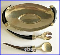 Handmade Silver Oval Tray with Horn Handles and Horned Serving Spoons