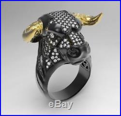 Heavy ICED OUT Black Bull Head with Yellow Horns Mens Biker Ring 925 Silver