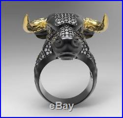 Heavy ICED OUT Black Bull Head with Yellow Horns Mens Biker Ring 925 Silver