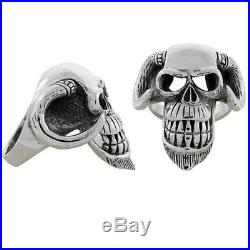 Heavy Sterling Silver Demon Biker Skull Ring with Horns