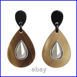 Hermes teardrop type swing earrings buffalo horn metal brown and silver with box
