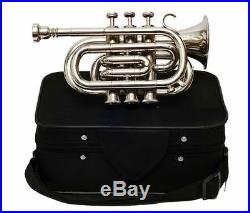 High Grade Silver Nickel Plated Pocket Trumpet Large bell Bb Horn With Case + mp