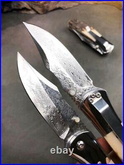 High Quality VG 10 Damascus Steel Pocket Folding Knife With Antler Horn Handle