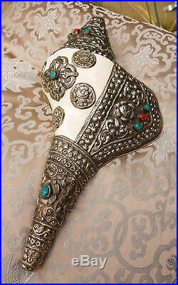Huge Tibetan Wooden Shell-Horn Conch with Fittings Silver 13 13/16in Long