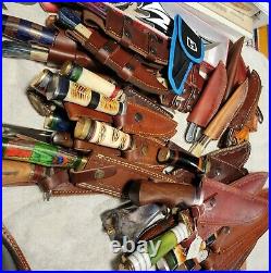 Huge lot with HANDMADE HAND CARVED RAM HEAD HANDLE AXE and fixed blades
