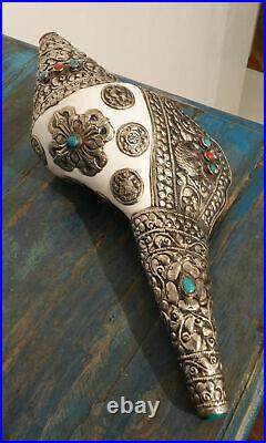 Huge tibetan Shell-Horn With Fittings Silver 13 3/8in Long