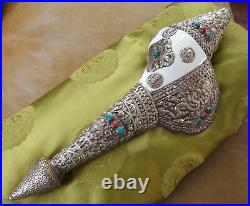 Huge tibetan Shell-Horn With Fittings Silver 20 1/8in Long