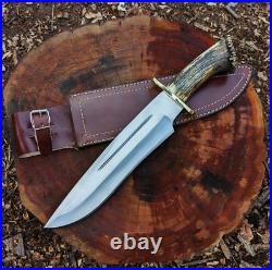 Hunting Bowie Knife Custom Handmade Stag Horn Handle With Leather Sheath
