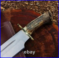 Hunting Bowie Knife Custom Handmade Stag Horn Handle With Leather Sheath