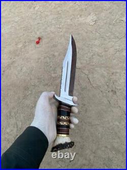 Hunting Bowie Knife Stag Horn Handle Custom Handmade With Leather Sheath