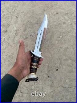 Hunting Bowie Knife Stag Horn Handle Custom Handmade With Leather Sheath