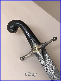 Indo-persian Mughal Shamshir sword silver -GoldKoftgari worked with Horn handle