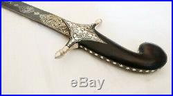Indo-persian Mughal Shamshir sword silver Koftgari worked with horn handle