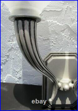 Italian Pewter French Horn Two Arm Wall Sconce with Alabaster Shades CS 6426