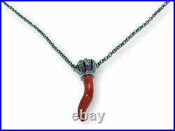 Italian necklace of Red Coral HORN Pendant in solid 925 Genuine sterling Silver