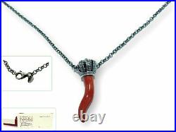 Italian necklace of Red Coral HORN Pendant in solid 925 Genuine sterling Silver