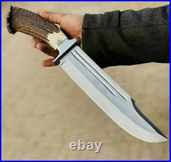KC Custom HandMade D2 Steel Hunting 15in Bowie Knife Deer Horn Handle With Sheat