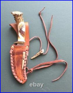 Ken Richardson Custom Knife Horn Carved Handle With Leather Sheath