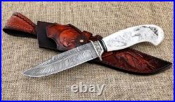 Knife Lider steel damascus end elk horn with nickel silver scrimshaw (NEW)