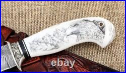 Knife Lider steel damascus end elk horn with nickel silver scrimshaw (NEW)