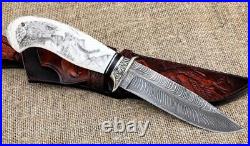 Knife Lider steel damascus end elk horn with nickel silver scrimshaw (NEW)