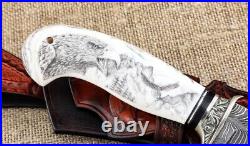 Knife Lider steel damascus end elk horn with nickel silver scrimshaw (NEW)