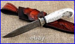 Knife Lider steel damascus end elk horn with nickel silver scrimshaw (NEW)