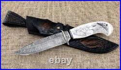 Knife Lider steel damascus end elk horn with nickel silver scrimshaw (NEW)