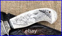 Knife Lider steel damascus end elk horn with nickel silver scrimshaw (NEW)