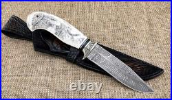 Knife Lider steel damascus end elk horn with nickel silver scrimshaw (NEW)