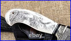 Knife Lider steel damascus end elk horn with nickel silver scrimshaw (NEW)