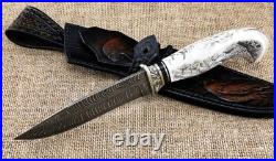 Knife Lider steel damascus end elk horn with nickel silver scrimshaw (NEW)