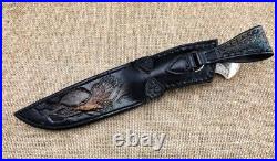 Knife Lider steel damascus end elk horn with nickel silver scrimshaw (NEW)