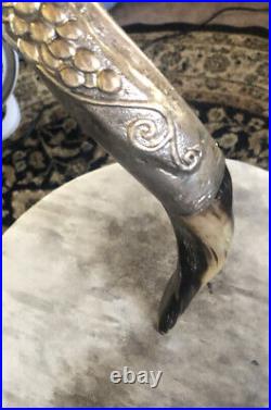 Kudu Horn Shofar with Star Of David Menorah & Olives Silver Inlaid New 26 L
