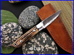 LOM Handmade D-2 Tool Steel Stag Horn Loveless Style Chute Knife With Pouch
