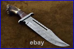 Large Bowie Hunting Knife with Deer Stag Antler Bowie Knife with Leather Sheath